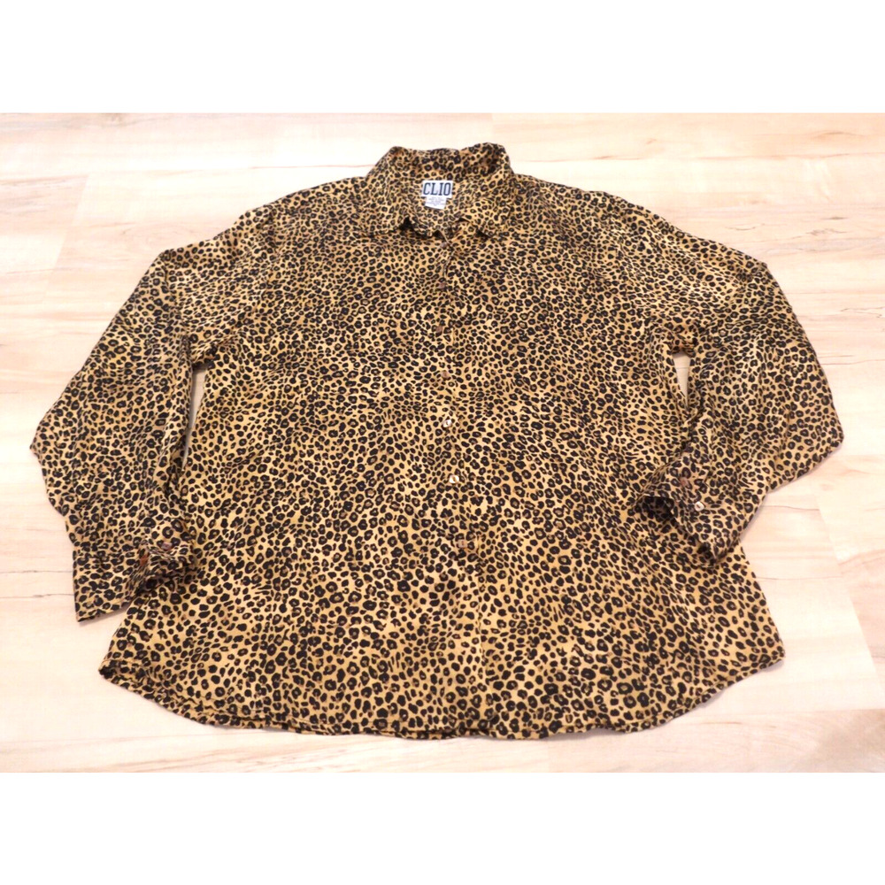 Clio Women 12 Blouse Silk Button Front Cheetah Animal Print‎ Long Sleeve